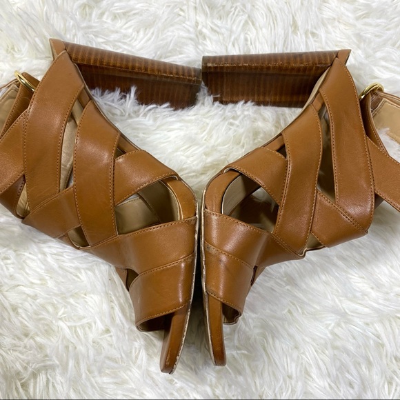 MICHAEL Michael Kors Criss Cross Strap Gladiator Tan Brown Heels Wood Heel 8.5 - Picture 7 of 10